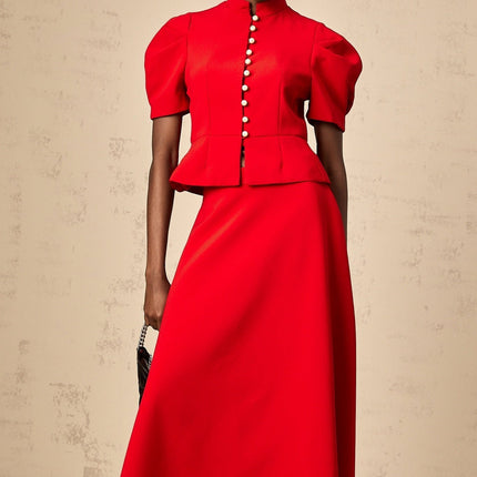Gemma Red Pleated Ruffled Blouse Skirt Set