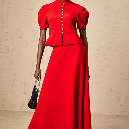 Gemma Red Pleated Ruffled Blouse Skirt Set