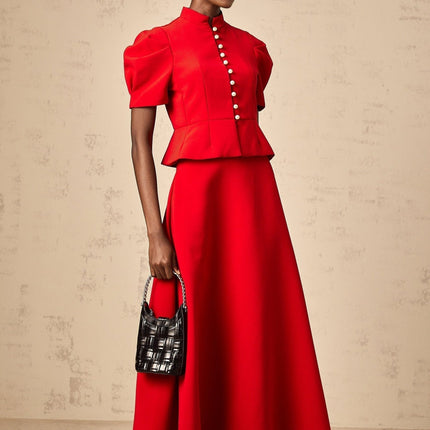 Gemma Red Pleated Ruffled Blouse Skirt Set