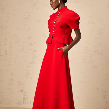 Gemma Red Pleated Ruffled Blouse Skirt Set
