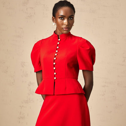 Gemma Red Pleated Ruffled Blouse Skirt Set