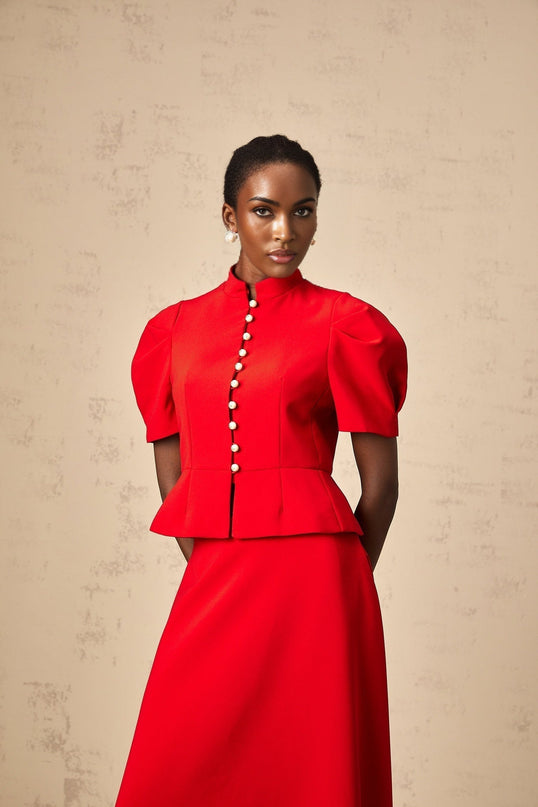 Gemma Red Pleated Ruffled Blouse Skirt Set