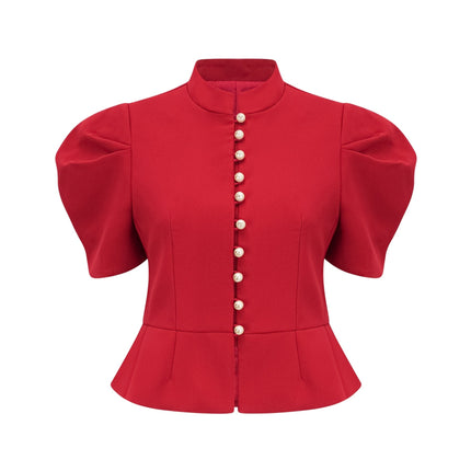 Gemma Red Pleated Ruffled Blouse Skirt Set