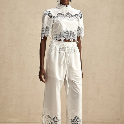Gemma White Lace Trim Cut Out Top and Trousers Set