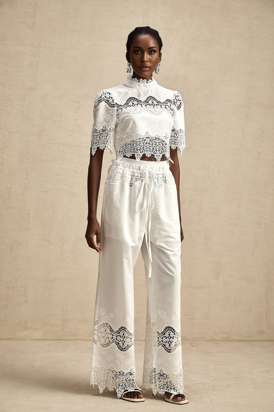 Gemma White Lace Trim Cut Out Top and Trousers Set