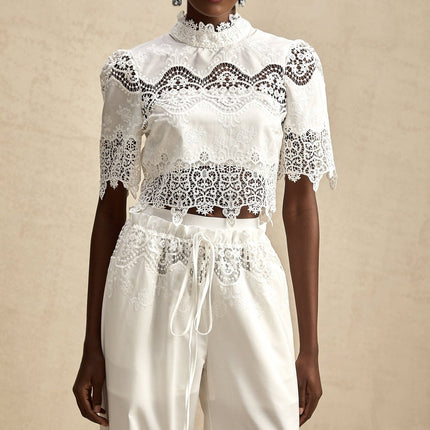 Gemma White Lace Trim Cut Out Top and Trousers Set