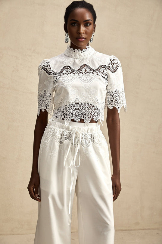 Gemma White Lace Trim Cut Out Top and Trousers Set