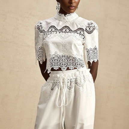 Gemma White Lace Trim Top and Trousers Set