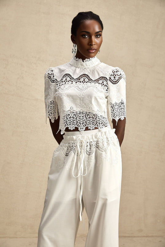Gemma White Lace Trim Top and Trousers Set