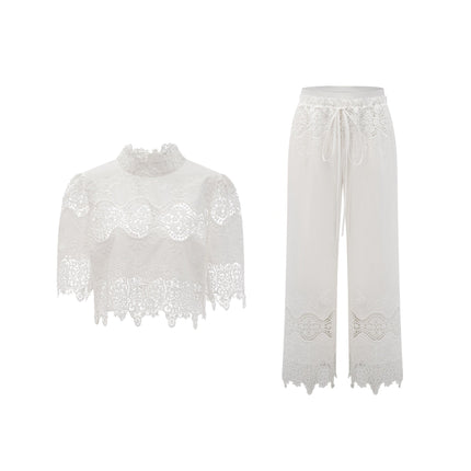 Gemma White Lace Trim Top Trousers Set
