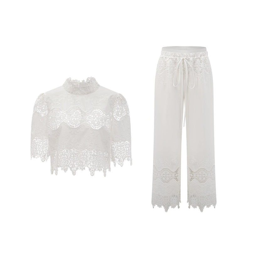 Gemma White Lace Trim Top Trousers Set