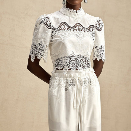 Gemma White Lace Trim Top Trousers Set