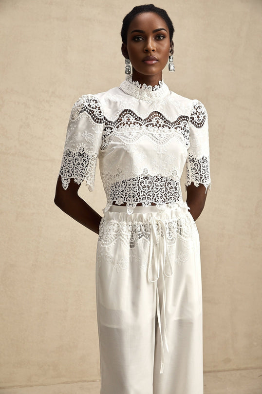 Gemma White Lace Trim Top Trousers Set