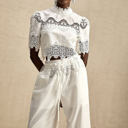 Gemma White Lace Trim Top and Trousers Set