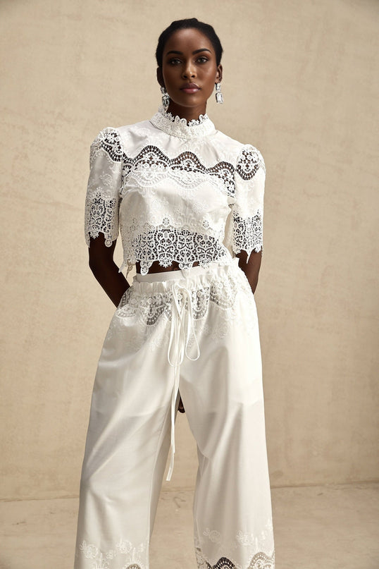 Gemma White Lace Trim Top and Trousers Set