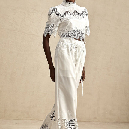 Gemma White Lace Trim Top and Trousers Set