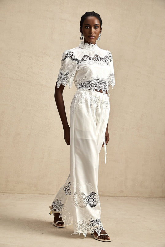 Gemma White Lace Trim Top and Trousers Set
