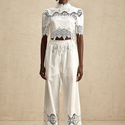 Gemma White Lace Trim Top Trousers Set