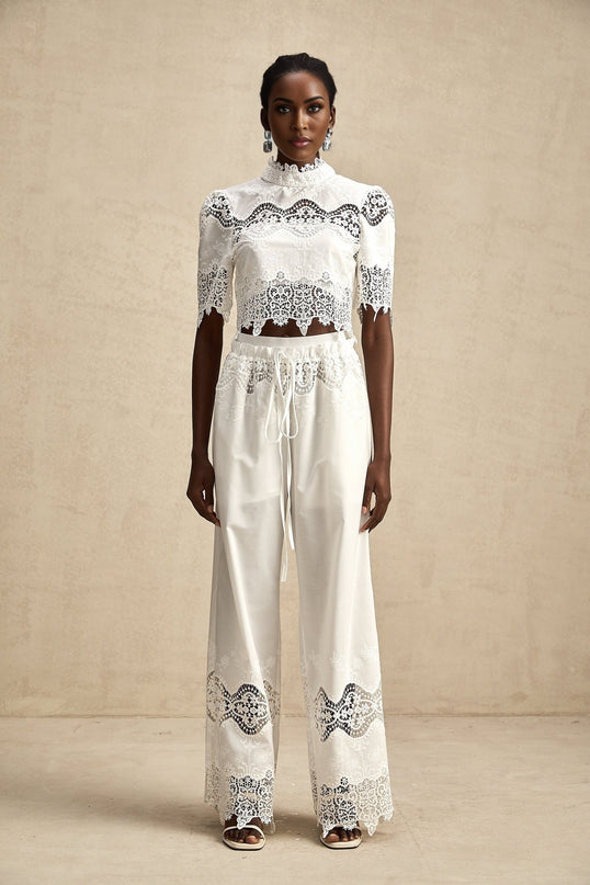 Gemma White Lace Trim Top Trousers Set
