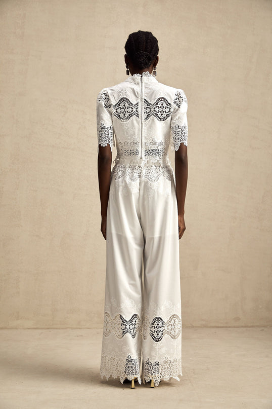 Gemma White Lace Trim Top Trousers Set