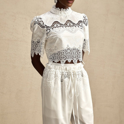 Gemma White Lace Trim Top Trousers Set