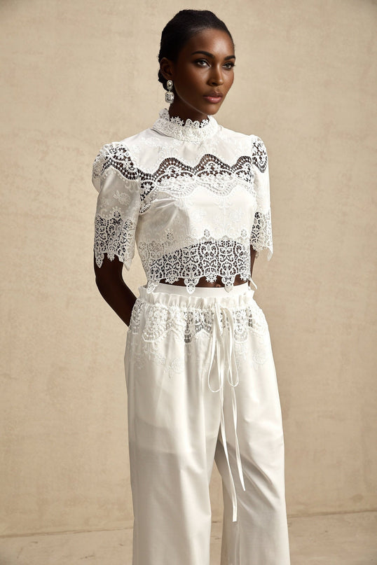 Gemma White Lace Trim Top Trousers Set