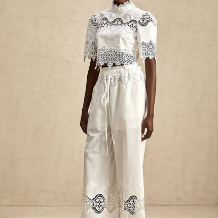 Gemma White Lace Trim Top Trousers Set