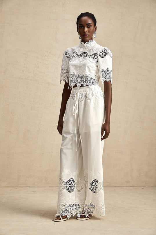 Gemma White Lace Trim Top Trousers Set