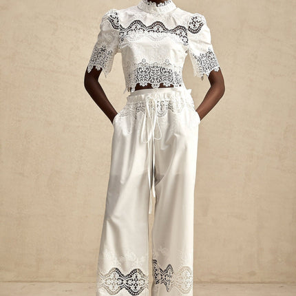 Gemma White Lace Trim Top and Trousers Set