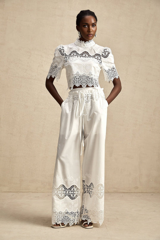 Gemma White Lace Trim Top and Trousers Set