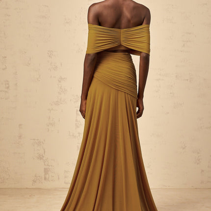Gemma Yellow Maxi Dress U-neck Off-shoulder Cut-out Ruched Pleated Ocher Polyamide Elastane Train Special Occasion
