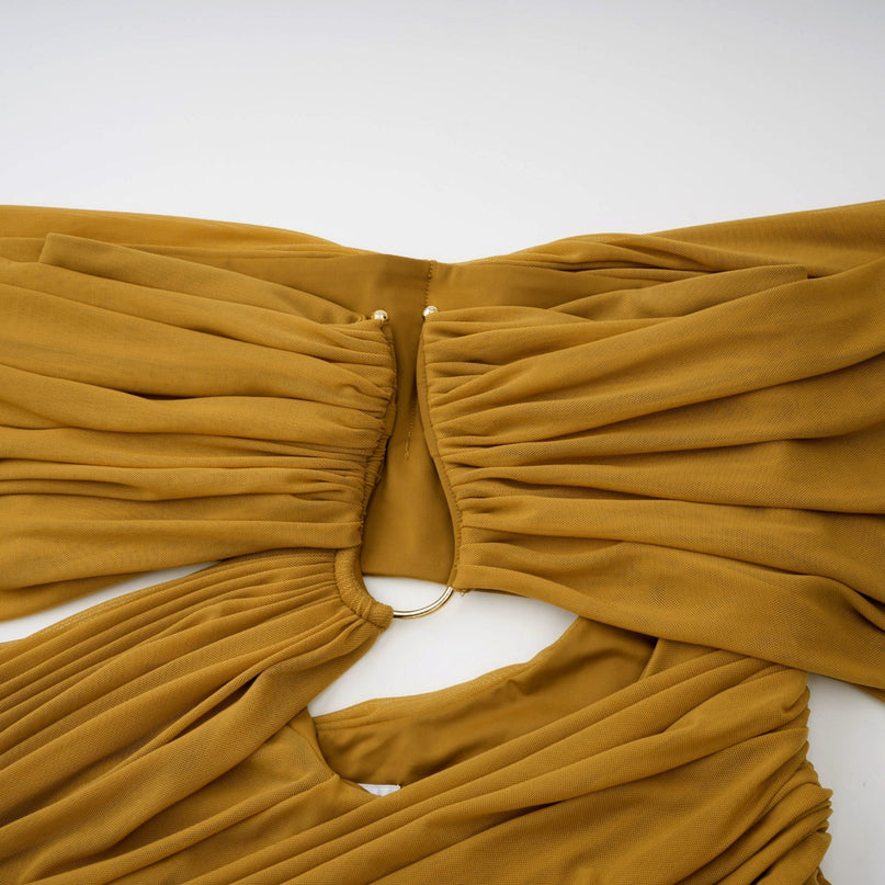 Gemma Yellow Maxi Dress Elegant U-Neck Off-Shoulder Ocher Ruched Pleated Cut-Out Train Polyamide Elastane