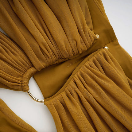 Gemma Yellow Maxi Dress in Ocher with U-Neck and Off-the-Shoulder Silhouette