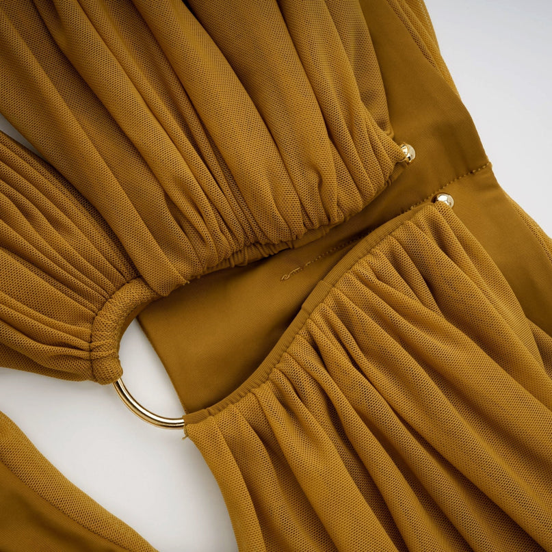 Gemma Yellow Maxi Dress in Ocher with U-Neck and Off-the-Shoulder Silhouette