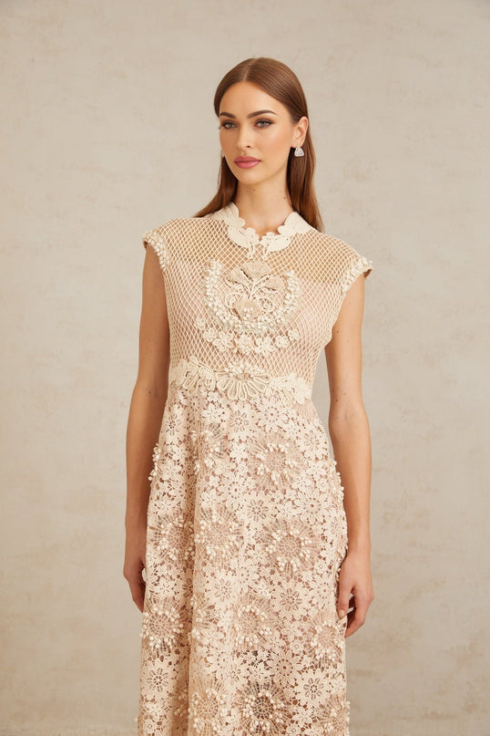 Gemmina Midi Dress in Neutrals Multicolor Corded Lace and Braid Detail with Cap Sleeves and Fitted Waistline