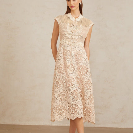 Gemmina Midi Dress in Neutrals Multicolor Corded Lace and Braid Detail with Scalloped Hem Cap Sleeves Fitted Waistline Calf Length