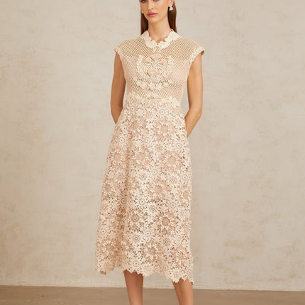 Gemmina Midi Dress in Neutrals Multicolor Corded Lace and Braid Detail with Scalloped Hem Cap Sleeves Fitted Waistline Calf Length