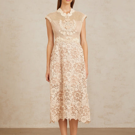 Gemmina Midi Dress in Neutrals Multicolor Corded Lace and Braid Detail Scalloped Hem Cap Sleeves Fitted Waistline Calf Length