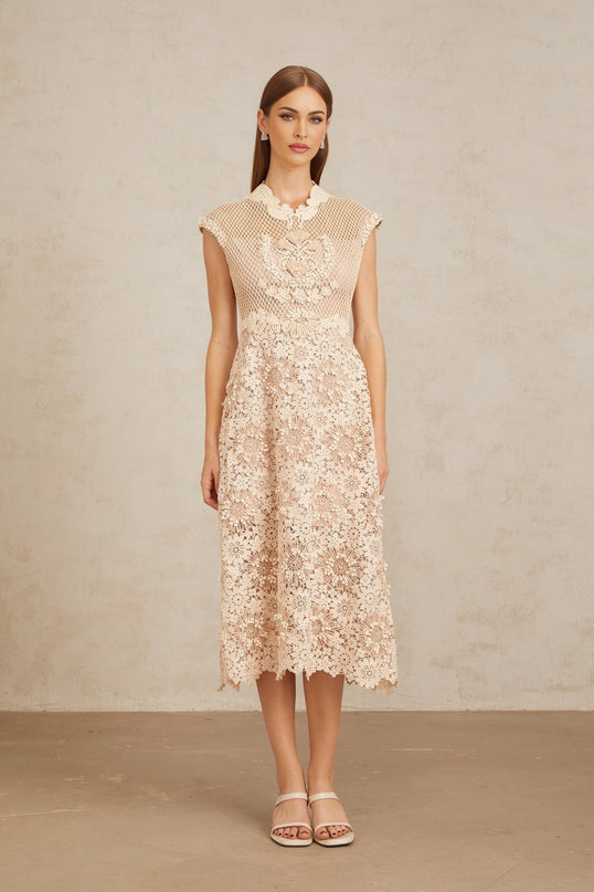 Gemmina Midi Dress in Neutrals Multicolor Corded Lace and Braid Detail Scalloped Hem Cap Sleeves Fitted Waistline Calf Length