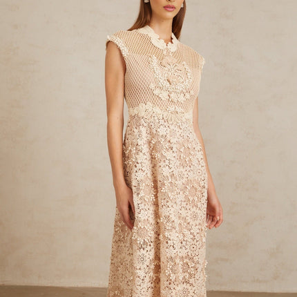 Gemmina Midi Dress Neutrals Multicolor Corded Lace Braid Detail Scalloped hem Cap sleeves Fitted waistline built-in cups bra Terylene fiber rear zip fastening Calf length