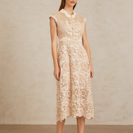 Gemmina Midi Dress Neutrals Multicolor Corded Lace Braid Detail Scalloped hem Cap sleeves Fitted waistline built-in cups bra 100% Terylene fiber rear zip fastening Calf length corded lace braid detailing refined unforgettable