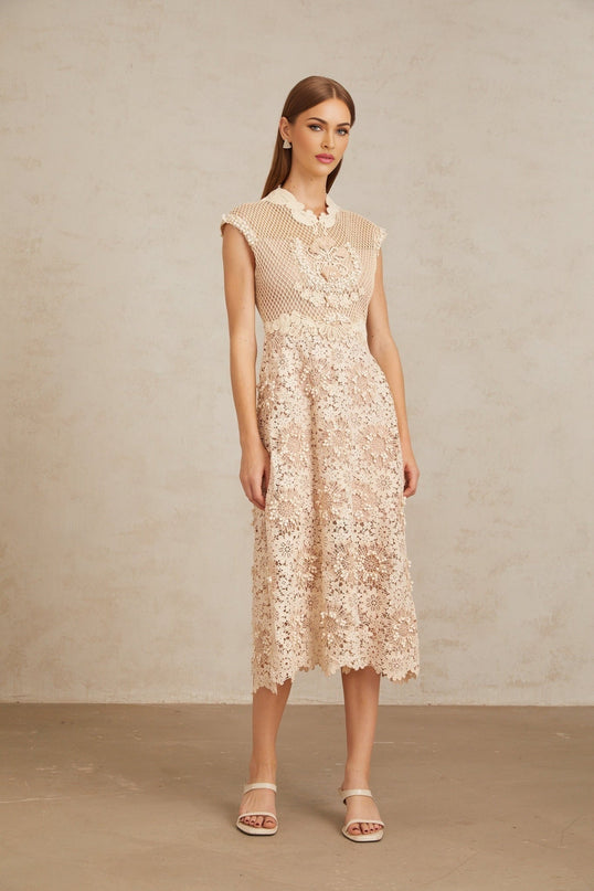 Gemmina Midi Dress Neutrals Multicolor Corded Lace Braid Detail Scalloped hem Cap sleeves Fitted waistline built-in cups bra 100% Terylene fiber rear zip fastening Calf length corded lace braid detailing refined unforgettable