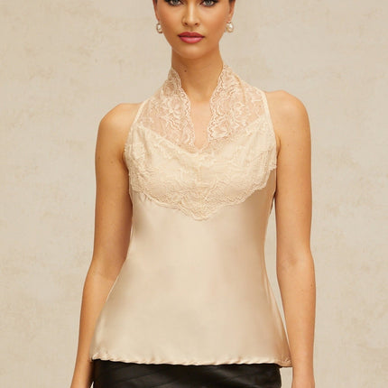 Gemmina Neutrals Floral Lace Satin Sleeveless Top V-Neck 100% Terylene Fiber