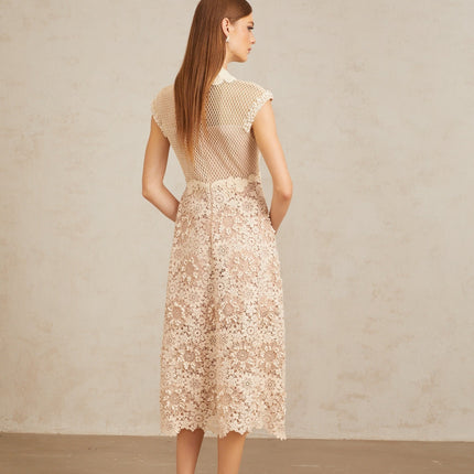 Gemmina Neutrals Corded Lace Braid Detail Midi Dress Cap Sleeves Fitted Waistline Scalloped Hem Calf Length