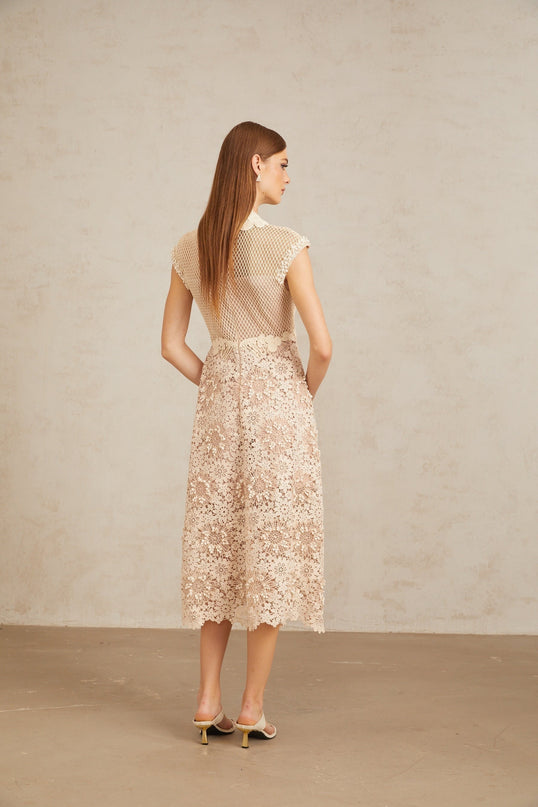Gemmina Neutrals Corded Lace Braid Detail Midi Dress Cap Sleeves Fitted Waistline Scalloped Hem Calf Length