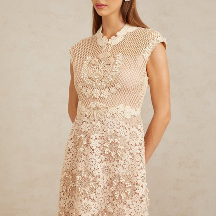 Gemmina Neutrals Corded Lace Braid Detail Scalloped Hem Cap Sleeves Fitted Waistline Calf Length Dress