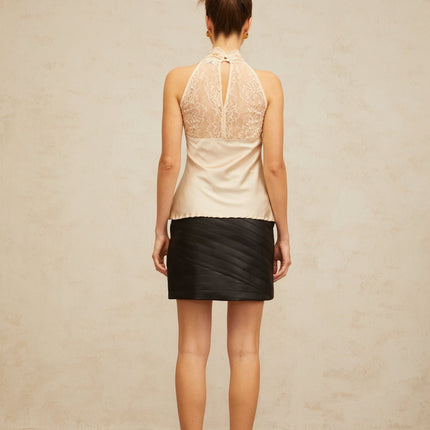 Gemmina sleeveless top in dreamy neutrals with floral lace paneling and satin finish