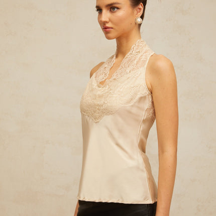 Gemmina sleeveless top in dreamy neutrals with floral lace paneling and satin finish