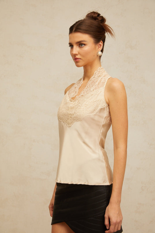 Gemmina sleeveless top in dreamy neutrals with floral lace paneling and satin finish