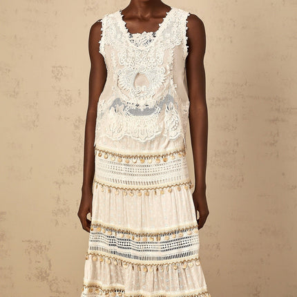 Gemmina White Cropped Top with Floral Embroidery and Frayed Edge Accents